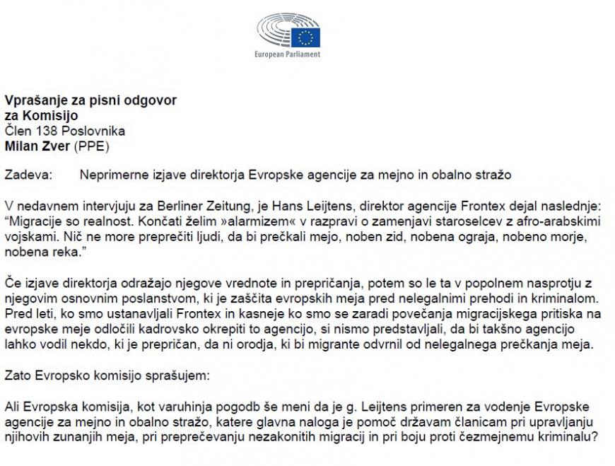 Pisno poslansko vprašanje v zvezi z izjavami direktorja Frontex-a